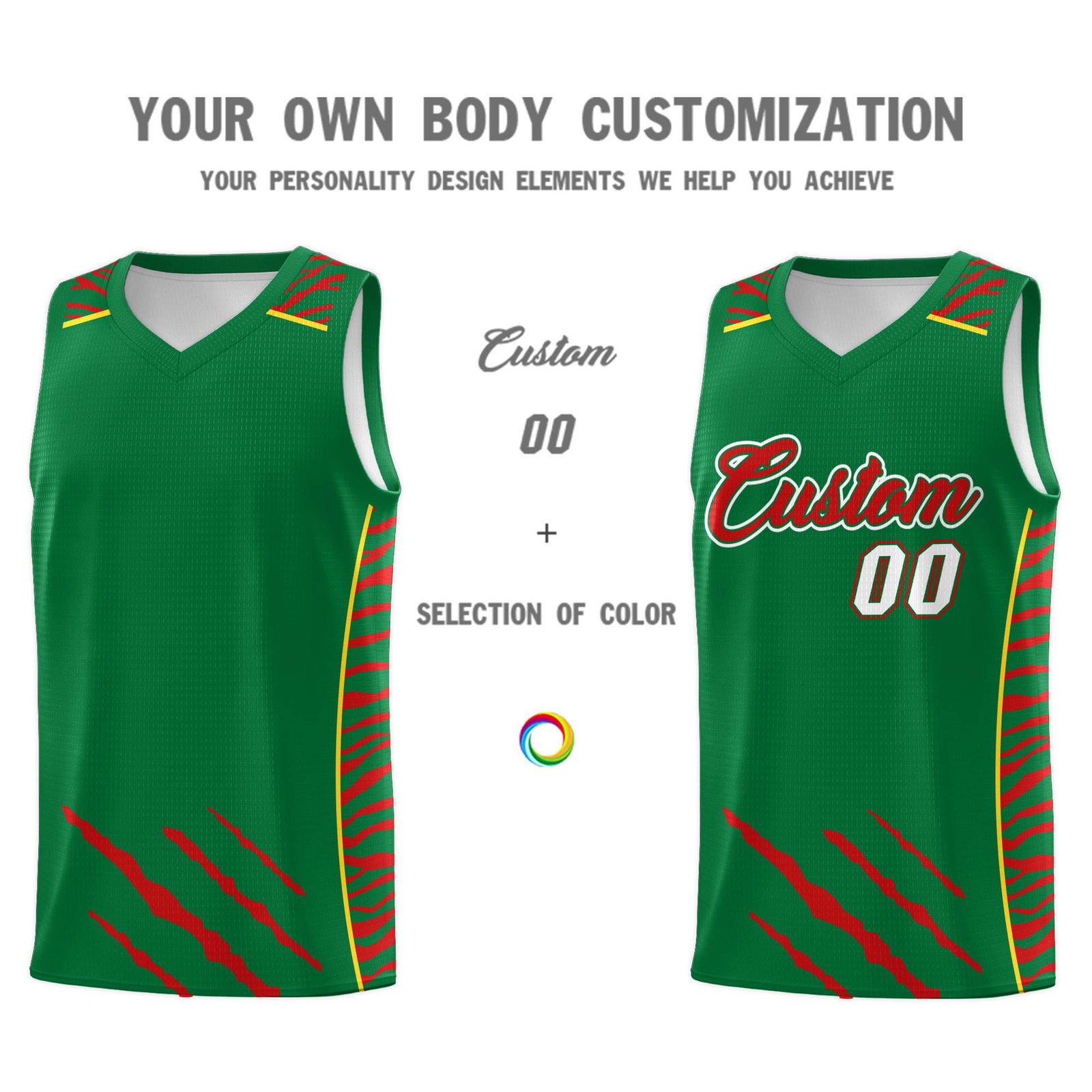 Custom Kelly Green Personalized Tiger Claw Pattern Sports Uniform Basketball Jersey