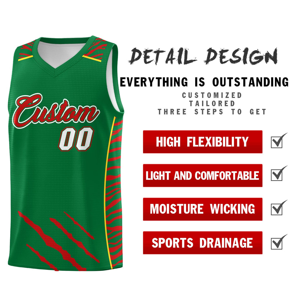 Custom Kelly Green Personalized Tiger Claw Pattern Sports Uniform Basketball Jersey