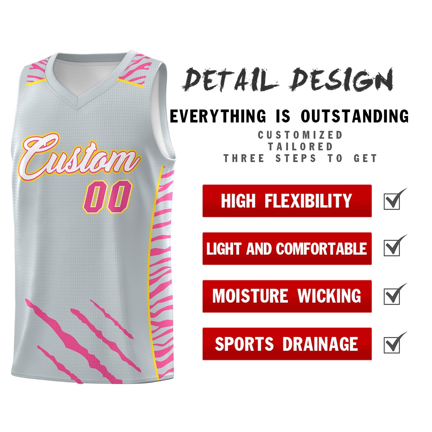 Custom Silver Personalized Tiger Claw Pattern Sports Uniform Basketball Jersey