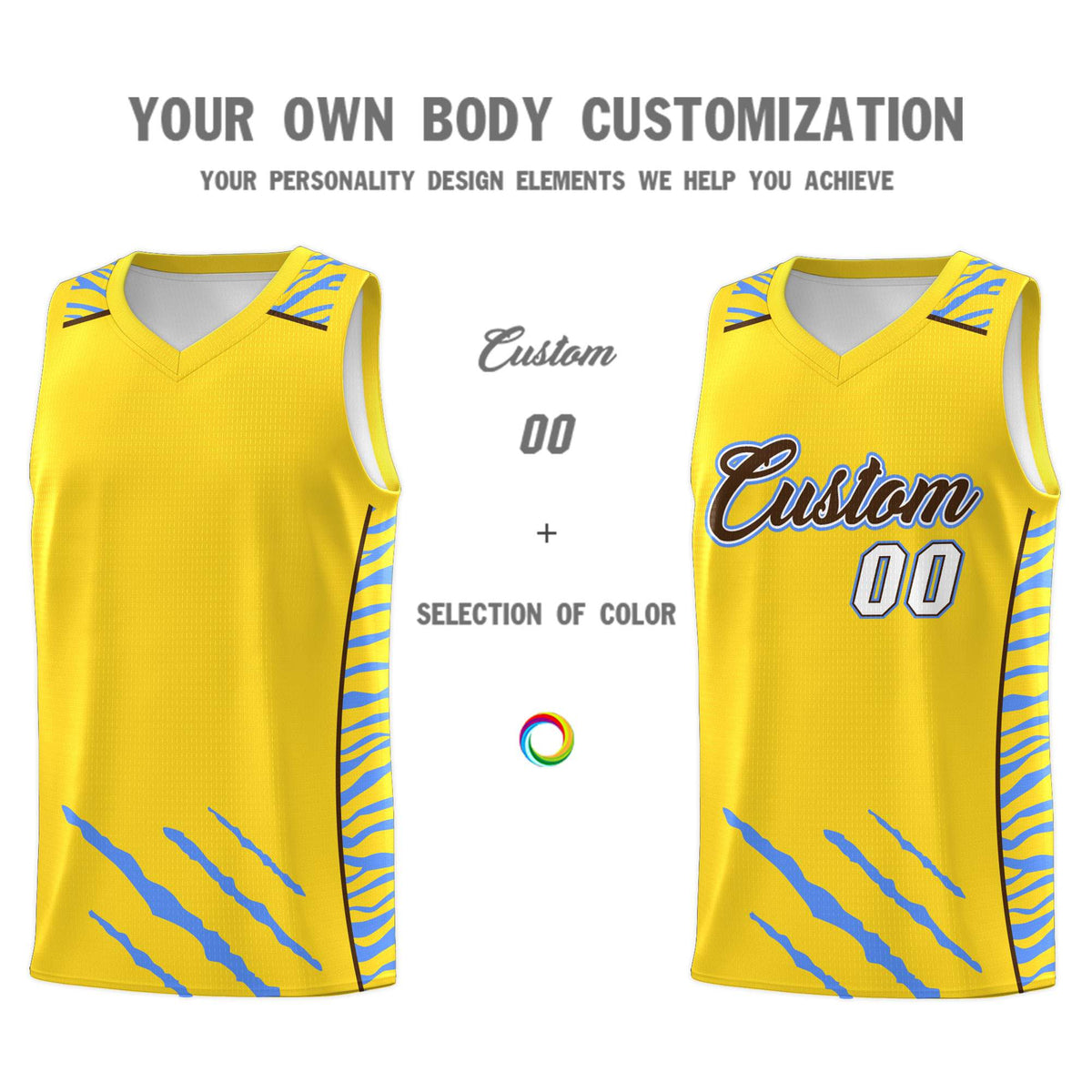 Custom Gold Personalized Tiger Claw Pattern Sports Uniform Basketball Jersey
