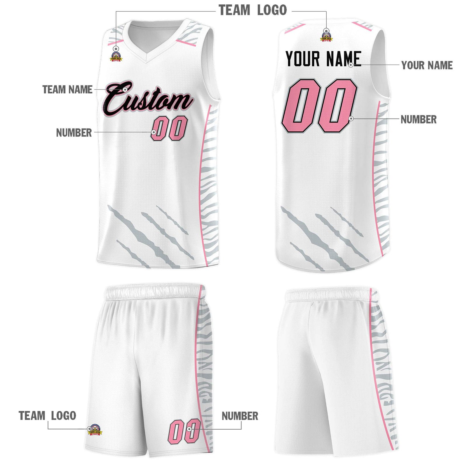 Custom White Personalized Tiger Claw Pattern Sports Uniform Basketball Jersey