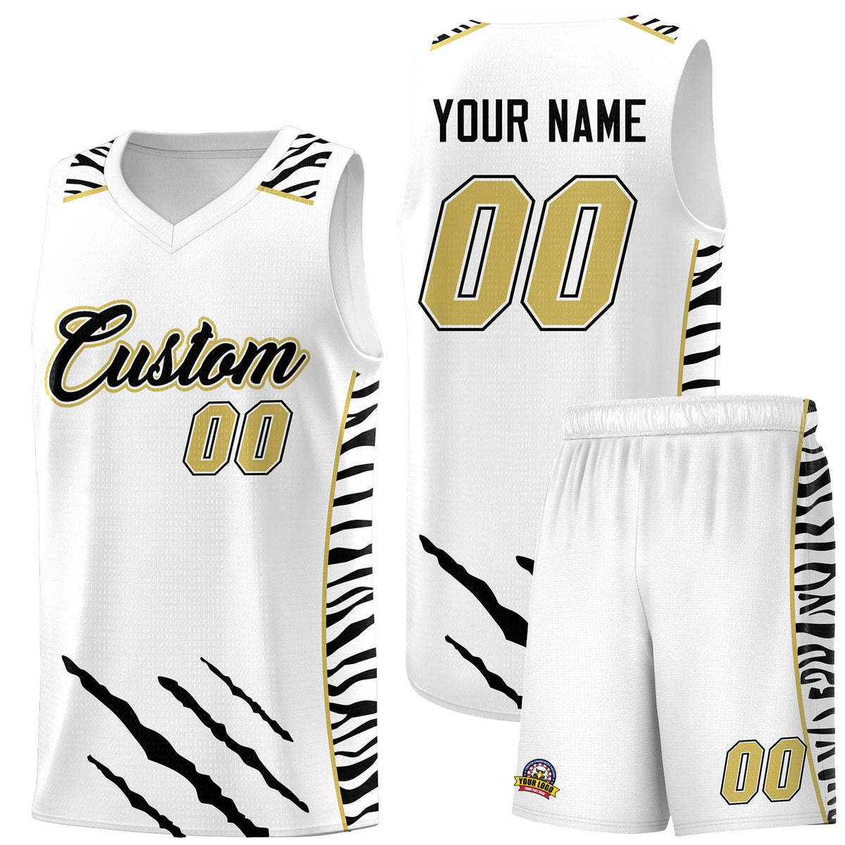 Custom White Personalized Tiger Claw Pattern Sports Uniform Basketball Jersey