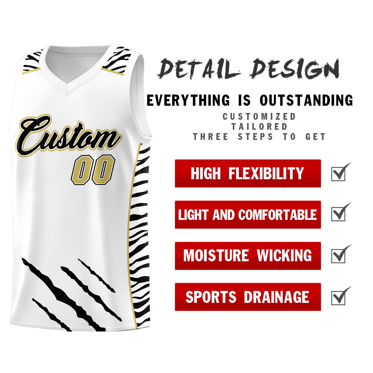 Custom White Personalized Tiger Claw Pattern Sports Uniform Basketball Jersey