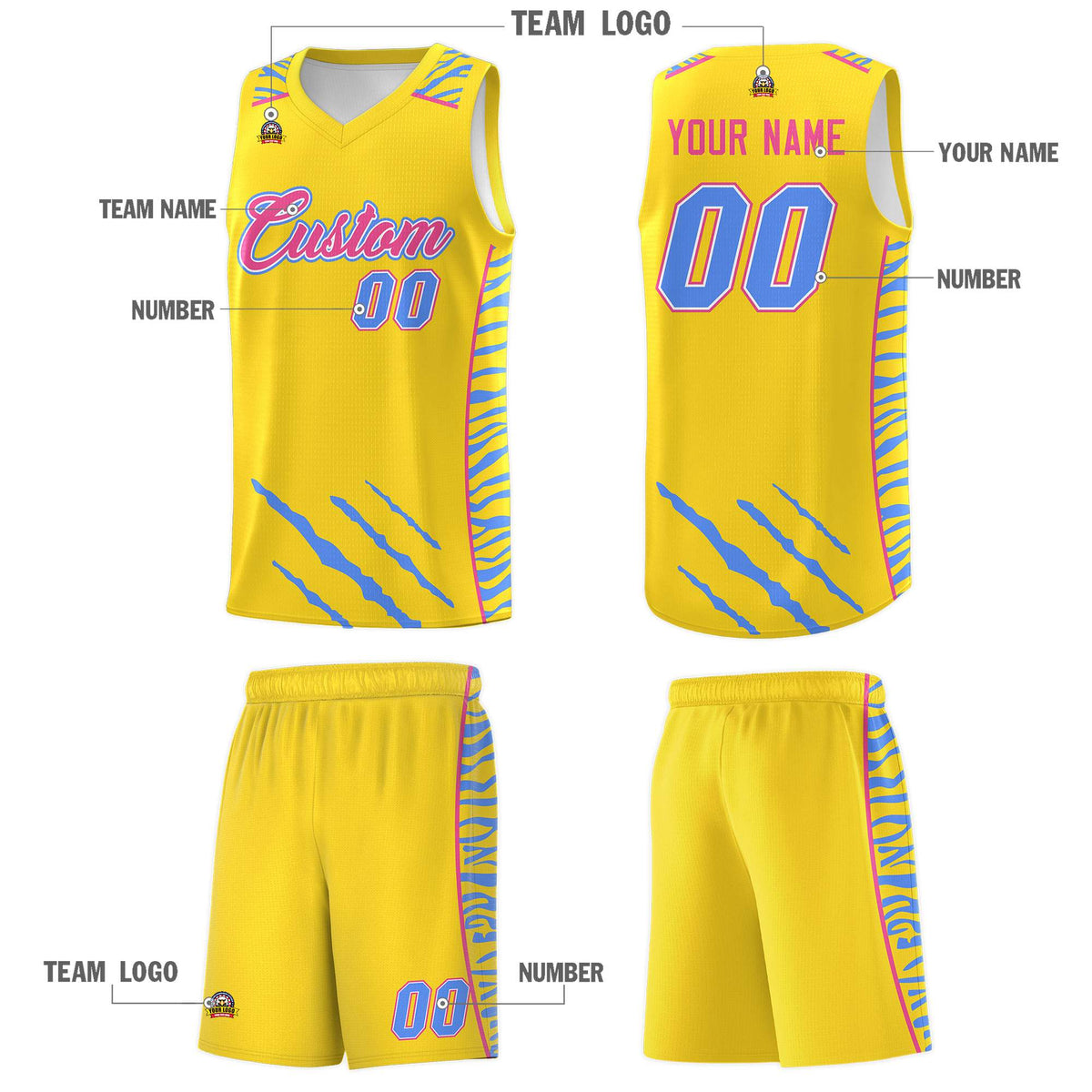 Custom Gold Personalized Tiger Claw Pattern Sports Uniform Basketball Jersey