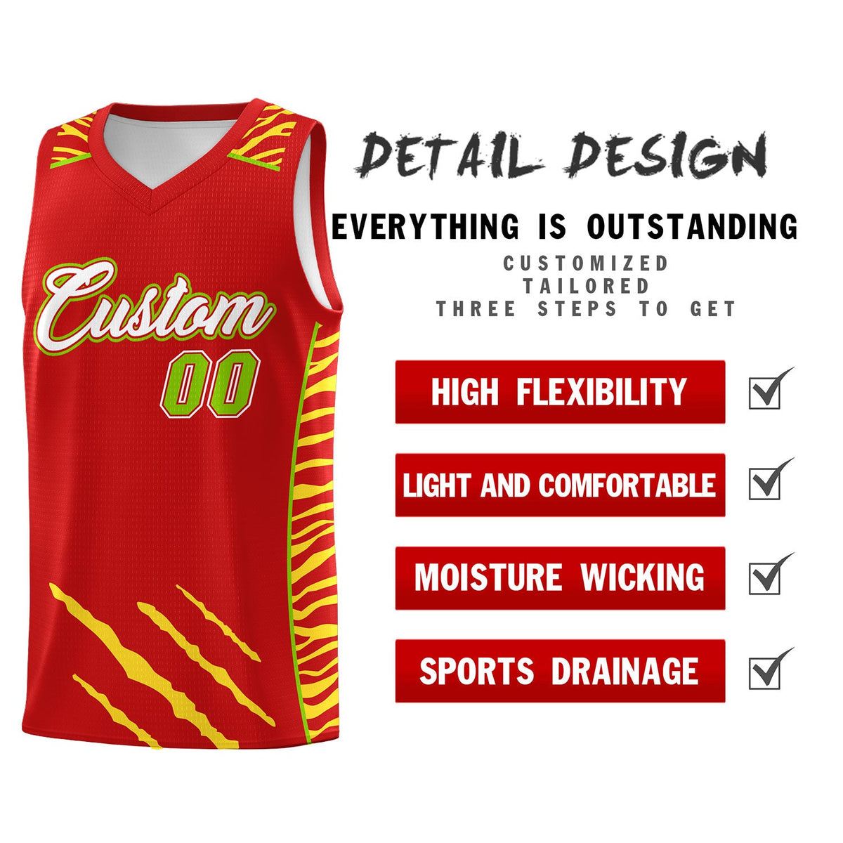 Custom Red Personalized Tiger Claw Pattern Sports Uniform Basketball Jersey