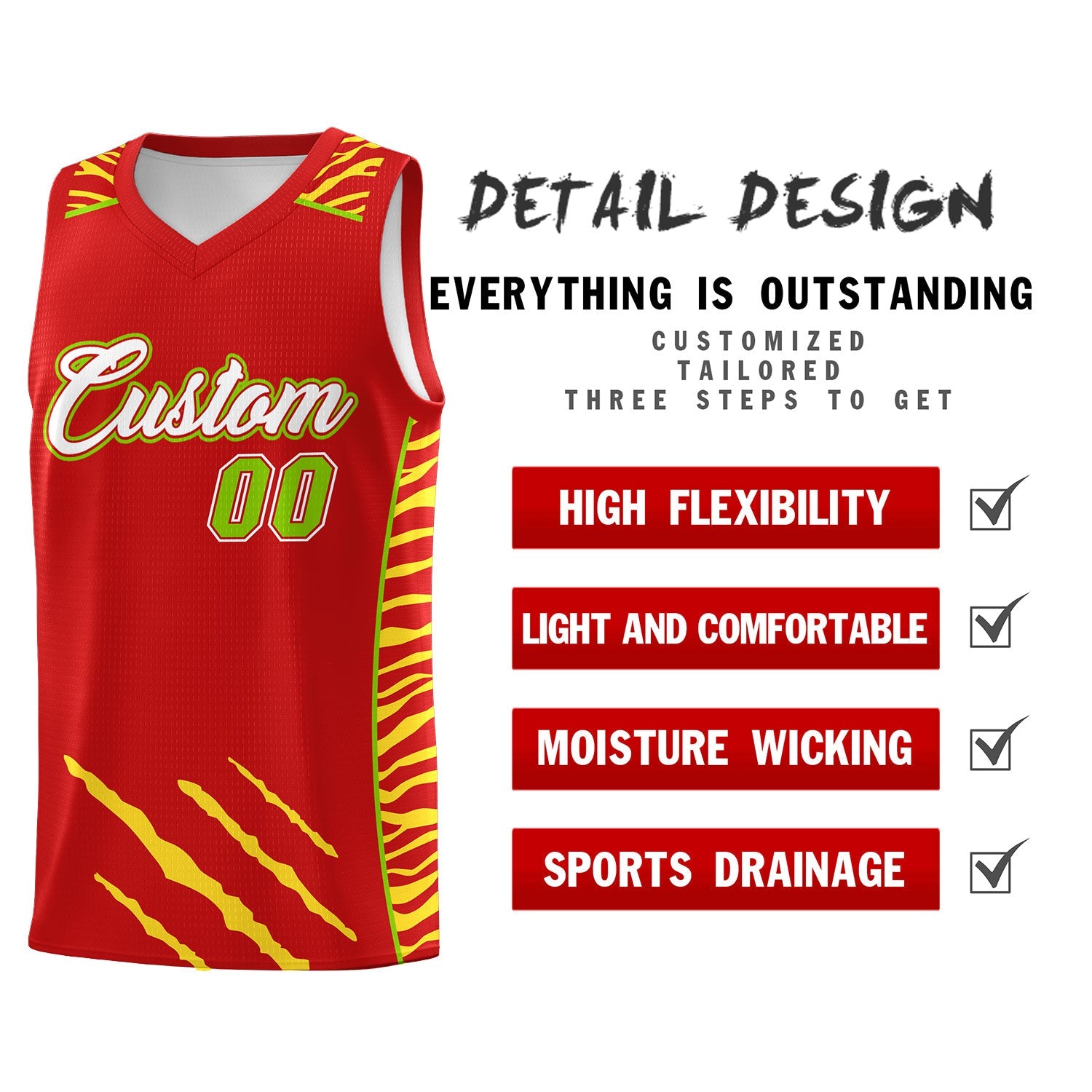 Custom Red Personalized Tiger Claw Pattern Sports Uniform Basketball Jersey
