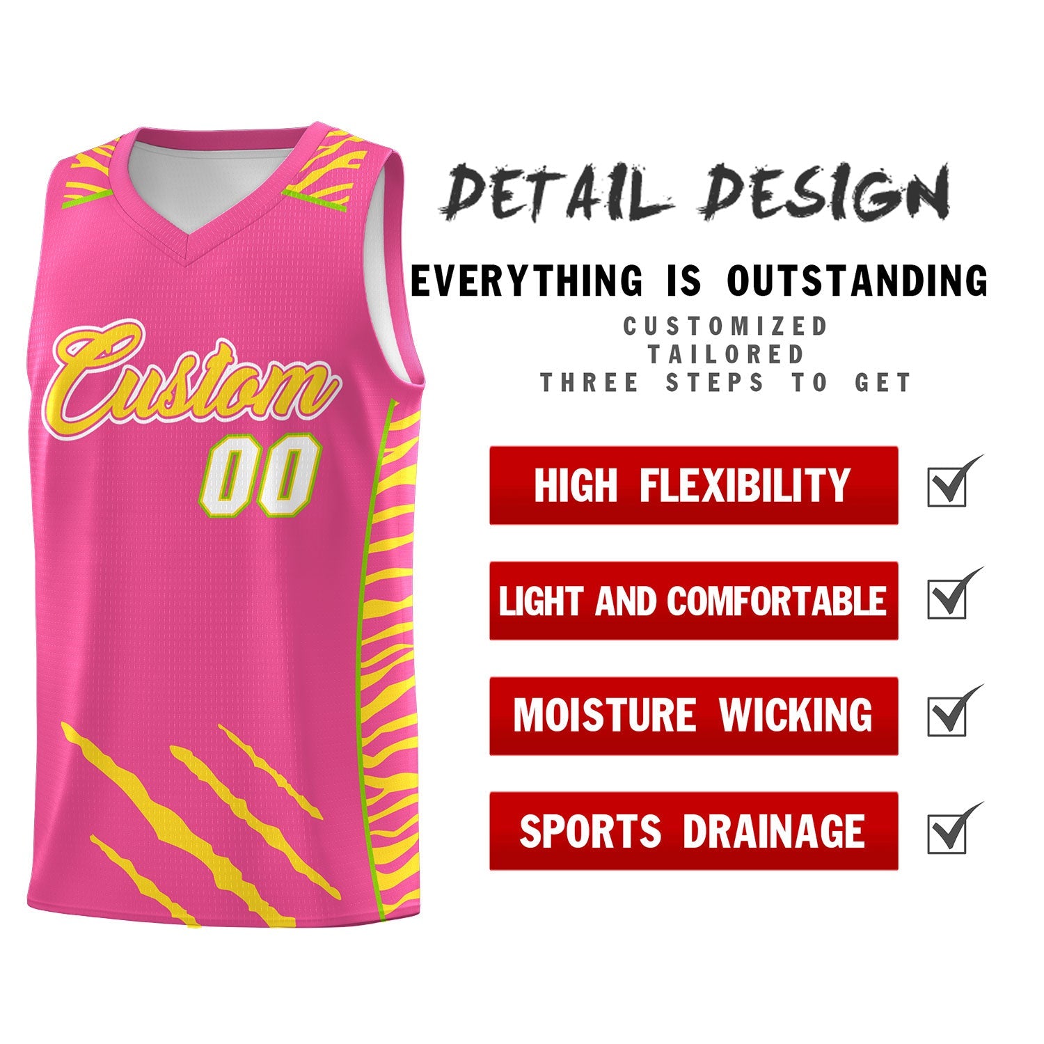 Custom Pink Personalized Tiger Claw Pattern Sports Uniform Basketball Jersey