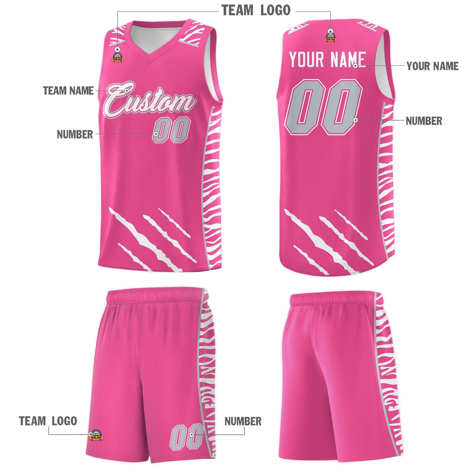 Custom Pink Personalized Tiger Claw Pattern Sports Uniform Basketball Jersey