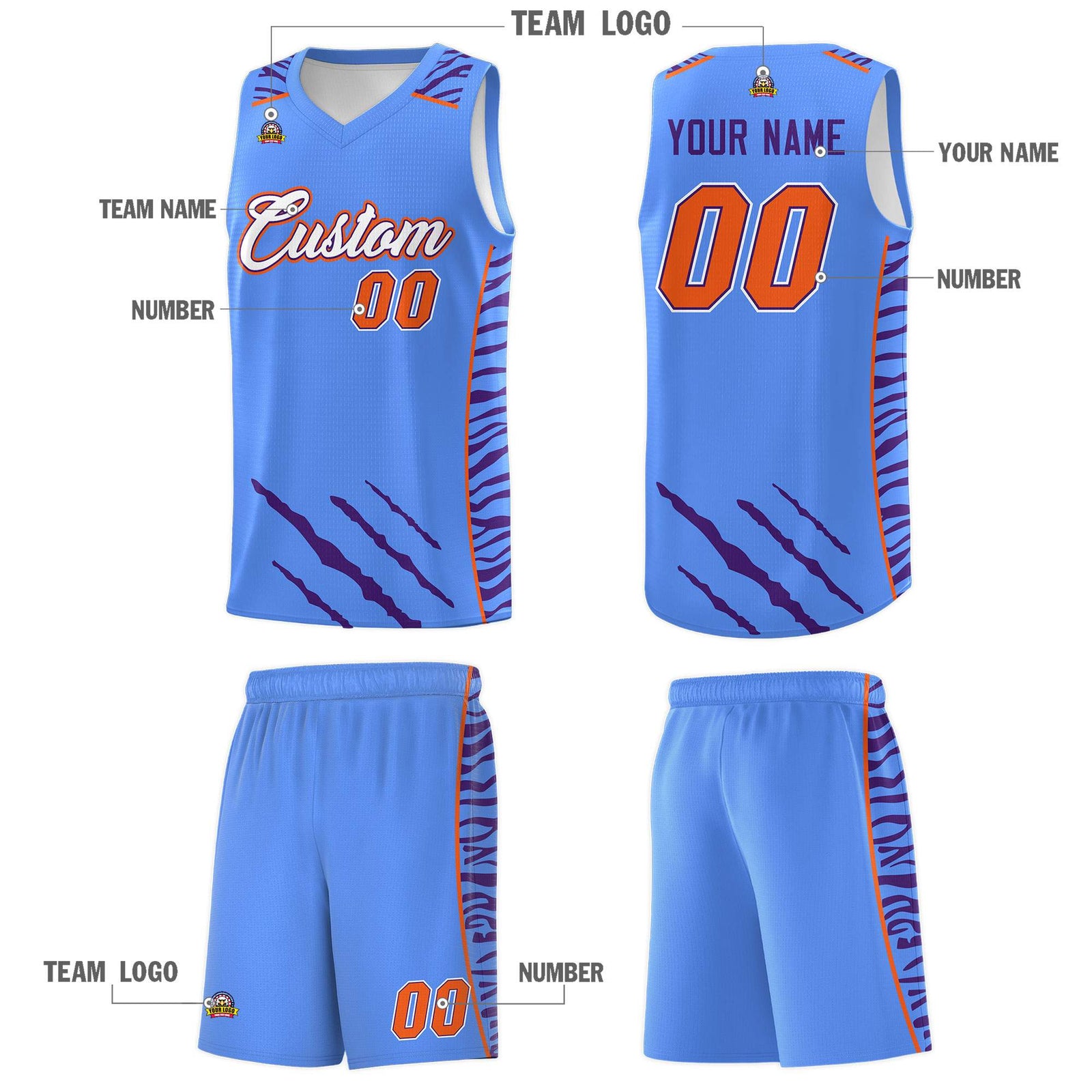 Custom Powder Blue Personalized Tiger Claw Pattern Sports Uniform Basketball Jersey