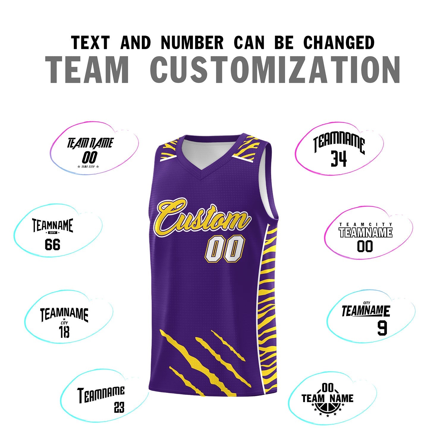 Custom Purple Personalized Tiger Claw Pattern Sports Uniform Basketball Jersey