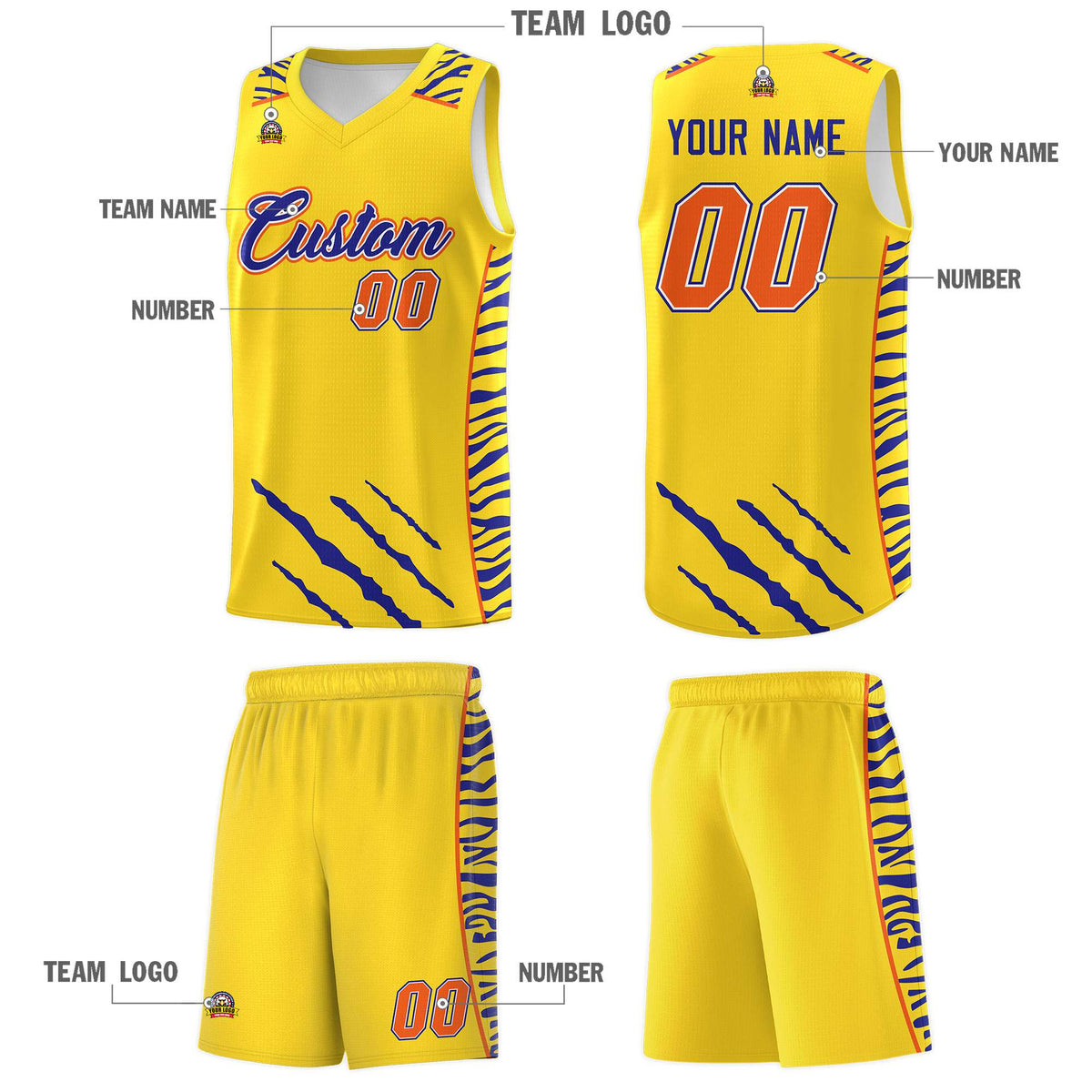 Custom Gold Personalized Tiger Claw Pattern Sports Uniform Basketball Jersey