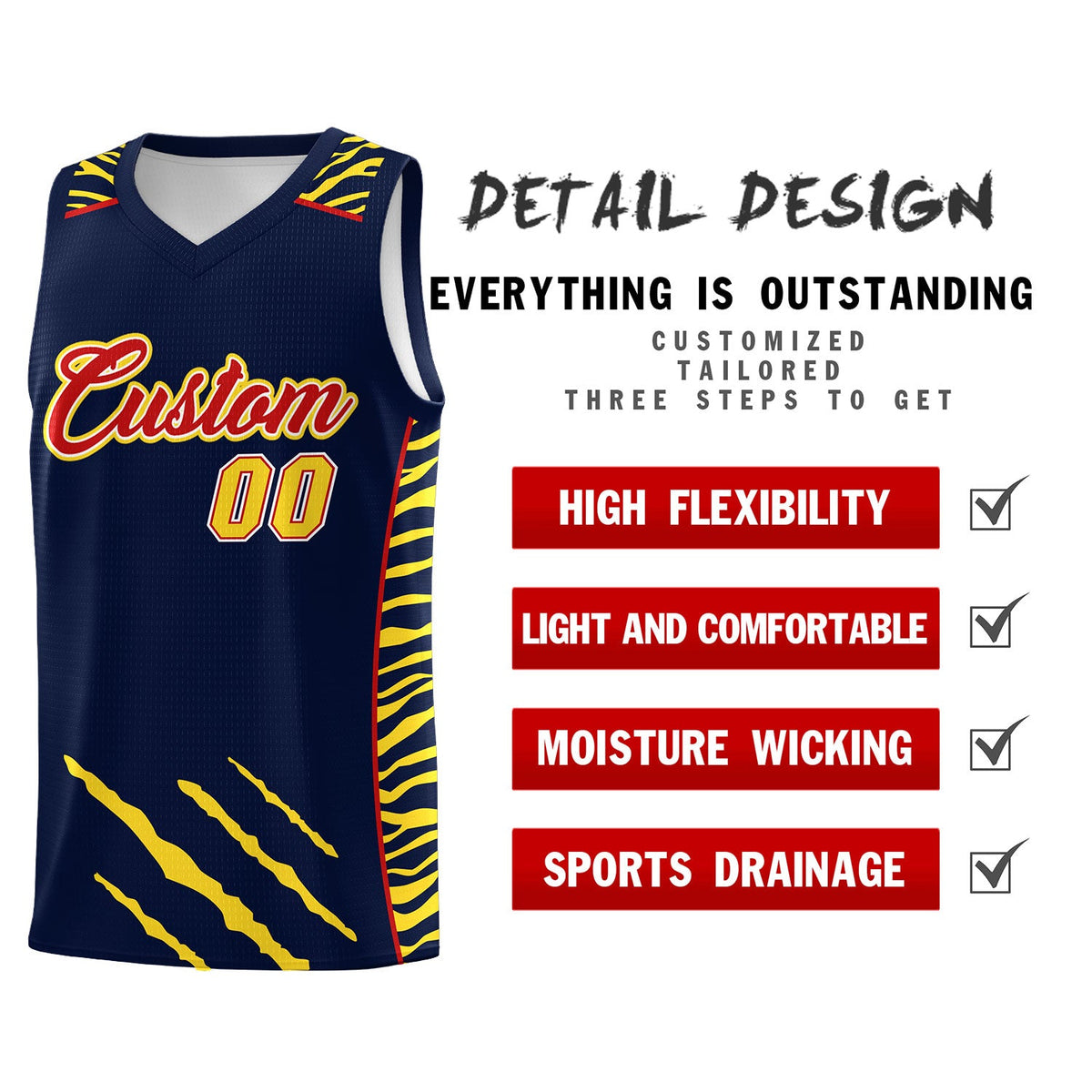 Custom Navy Personalized Tiger Claw Pattern Sports Uniform Basketball Jersey