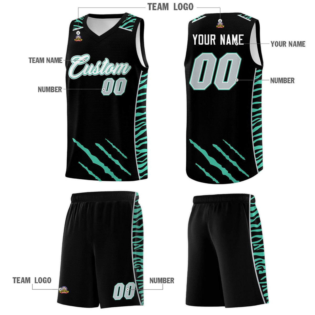 Custom Black Personalized Tiger Claw Pattern Sports Uniform Basketball Jersey