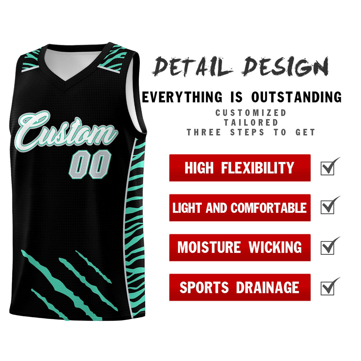 Custom Black Personalized Tiger Claw Pattern Sports Uniform Basketball Jersey