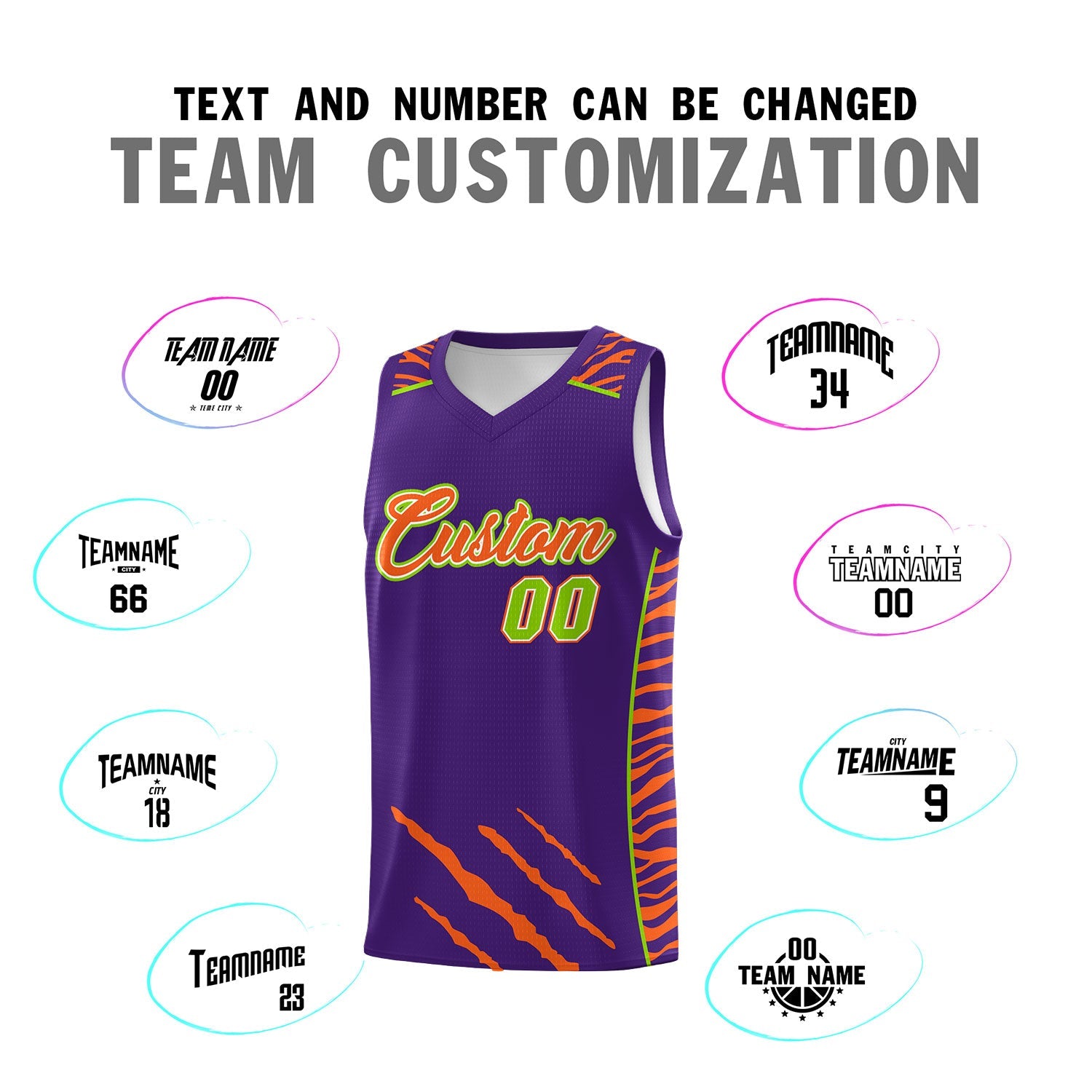 Custom Purple Personalized Tiger Claw Pattern Sports Uniform Basketball Jersey