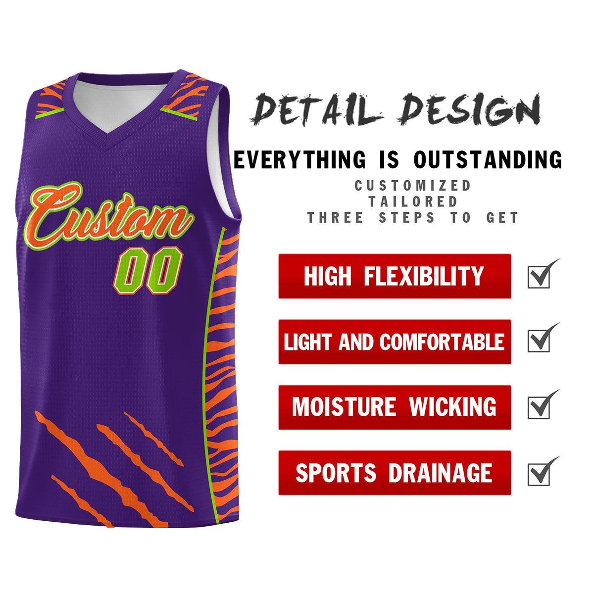 Custom Purple Personalized Tiger Claw Pattern Sports Uniform Basketball Jersey