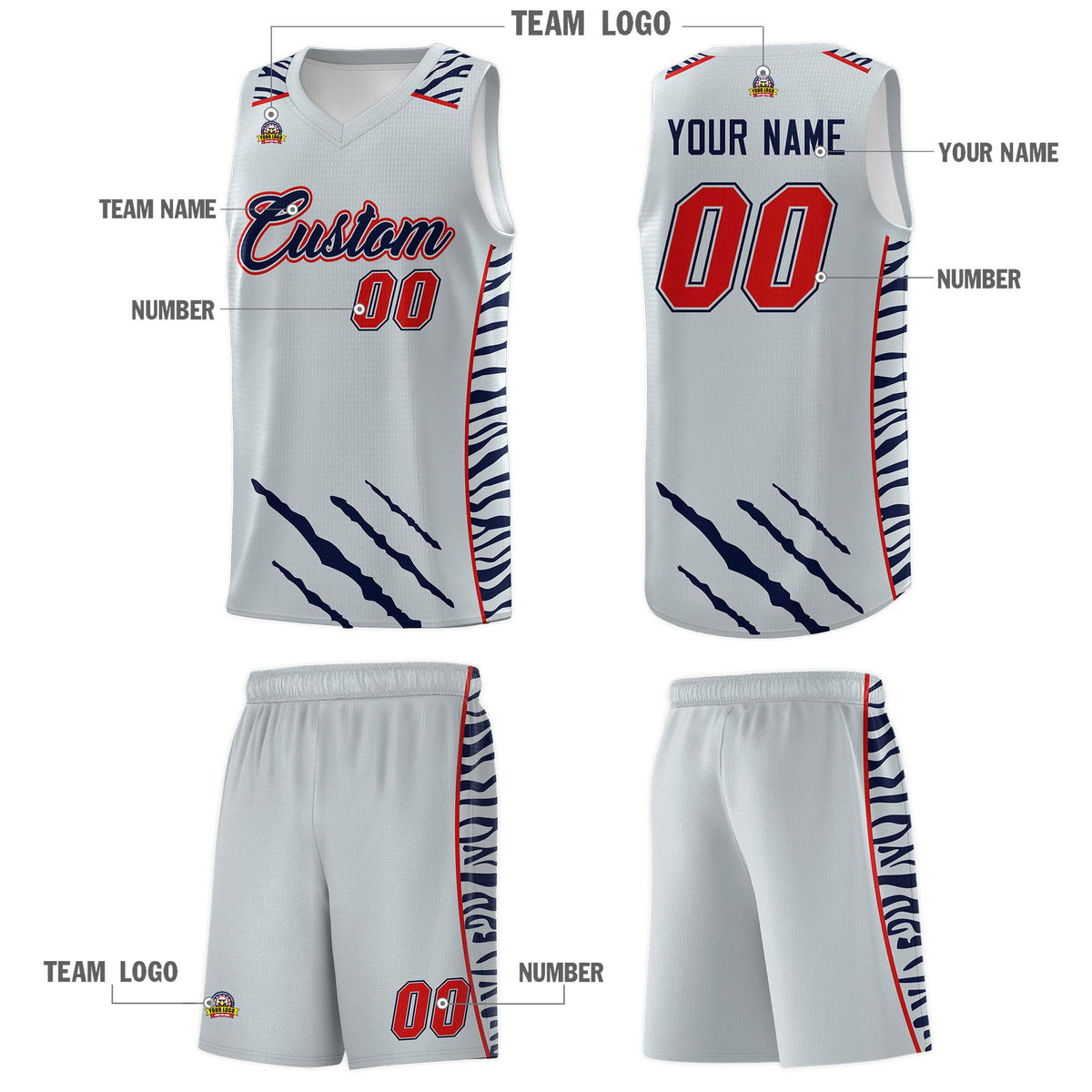 Custom Silver Personalized Tiger Claw Pattern Sports Uniform Basketball Jersey