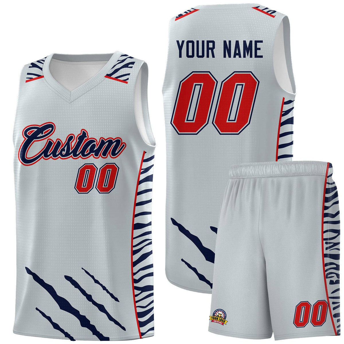 Custom Silver Personalized Tiger Claw Pattern Sports Uniform Basketball Jersey