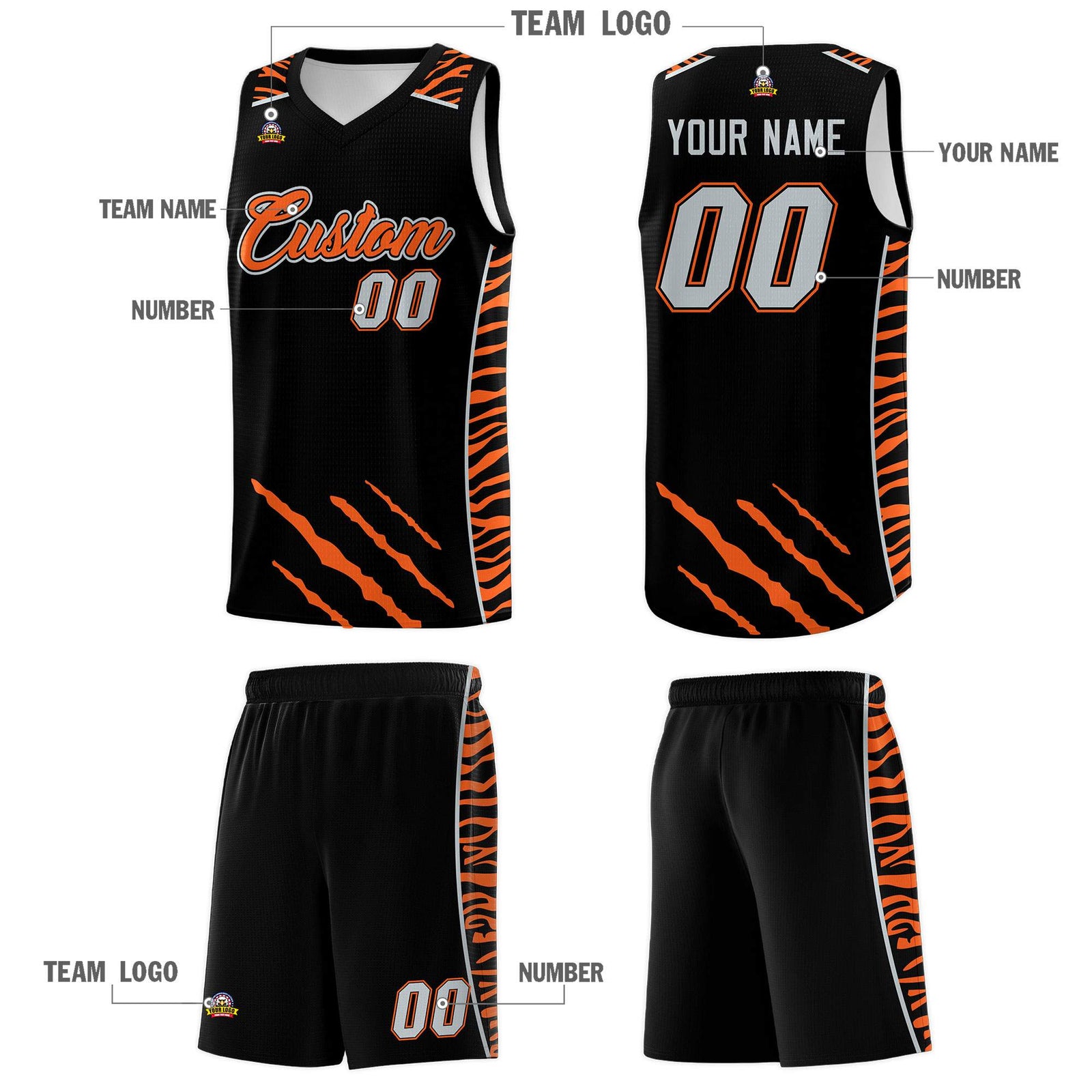 Custom Black Personalized Tiger Claw Pattern Sports Uniform Basketball Jersey