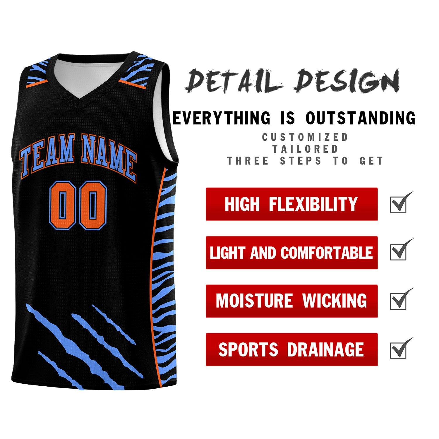 Custom Black Personalized Tiger Claw Pattern Sports Uniform Basketball Jersey