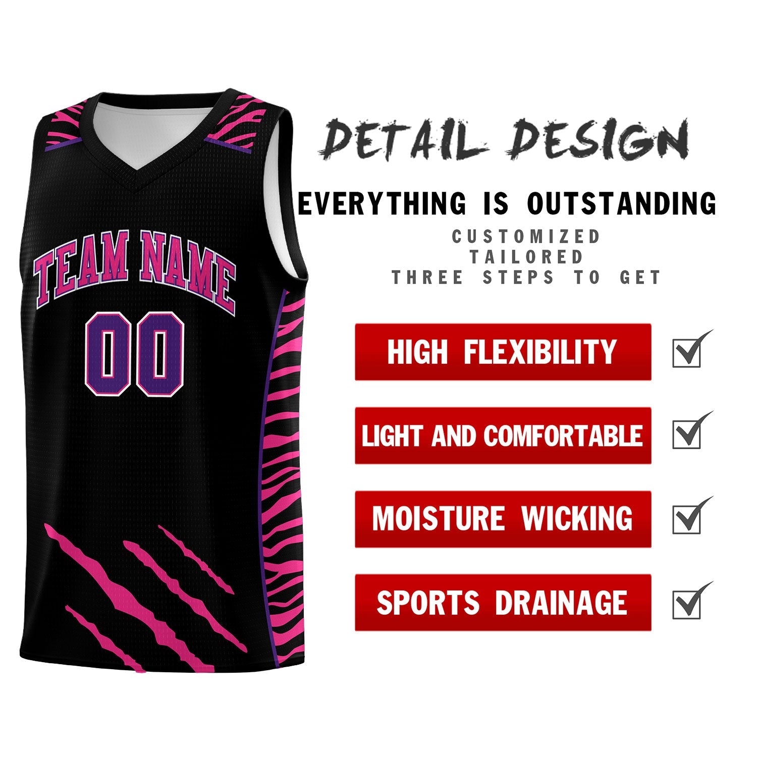 Custom Black Personalized Tiger Claw Pattern Sports Uniform Basketball Jersey