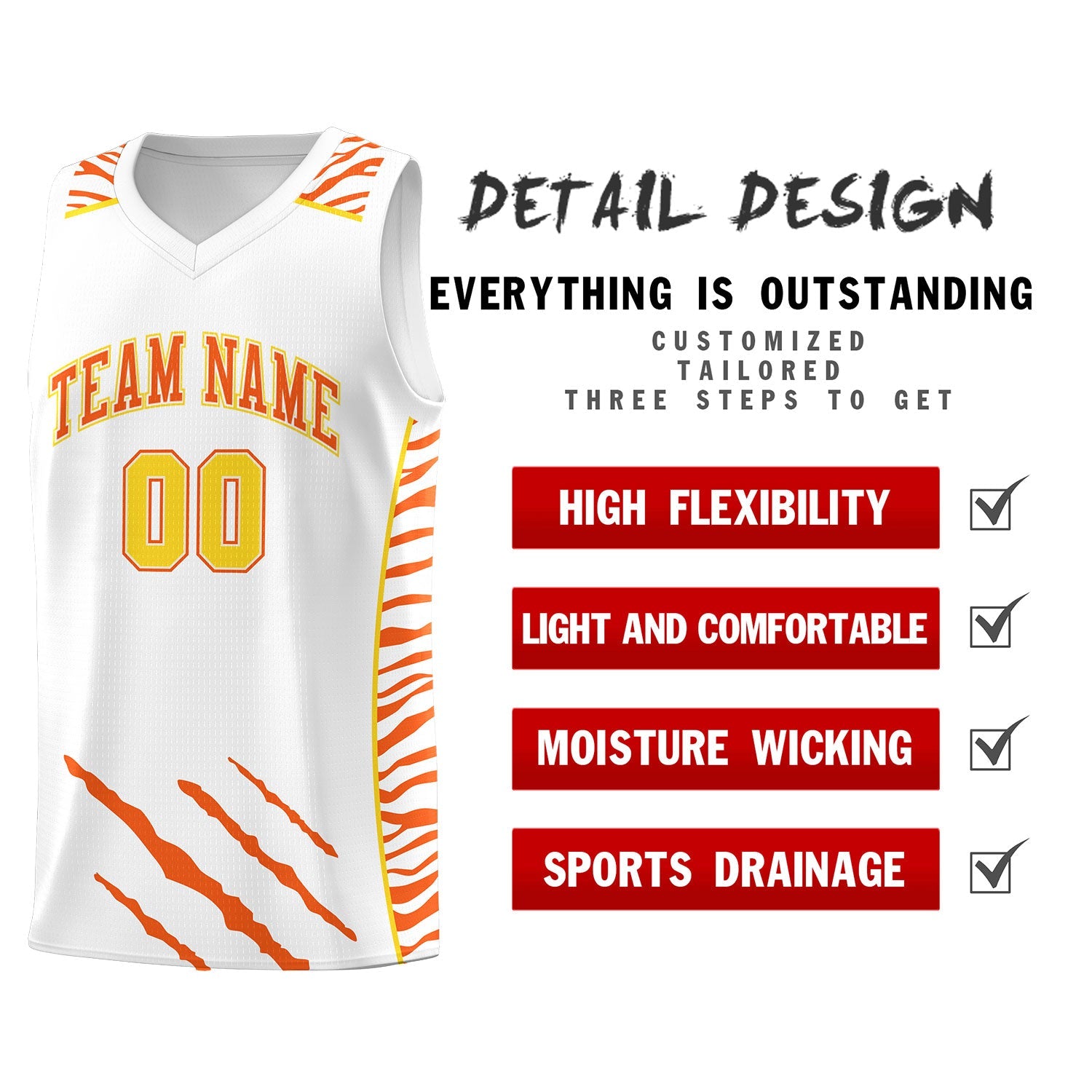 Custom White Personalized Tiger Claw Pattern Sports Uniform Basketball Jersey