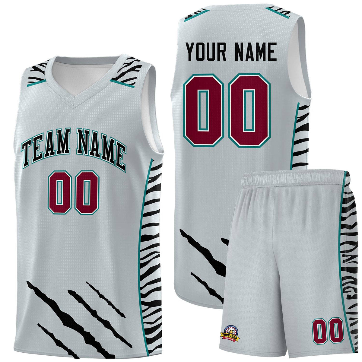 Custom Silver Personalized Tiger Claw Pattern Sports Uniform Basketball Jersey