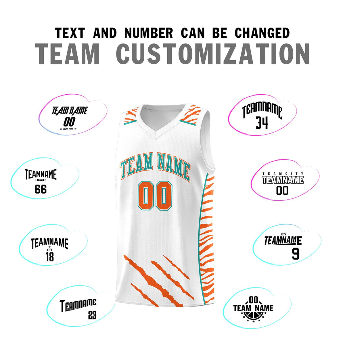 Custom White Personalized Tiger Claw Pattern Sports Uniform Basketball Jersey