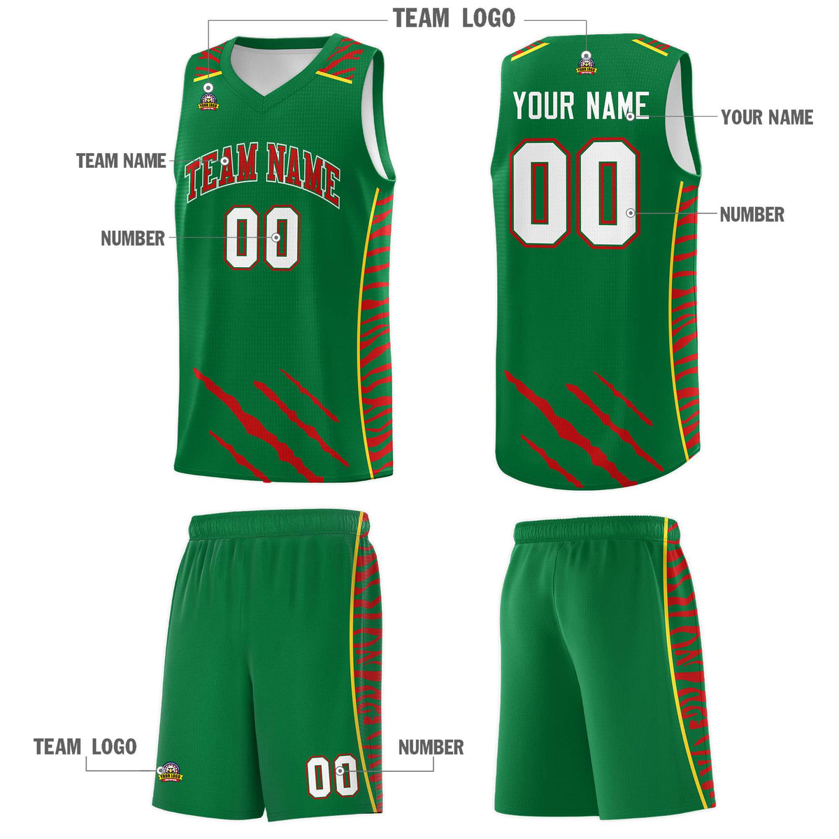 Custom Kelly Green Personalized Tiger Claw Pattern Sports Uniform Basketball Jersey