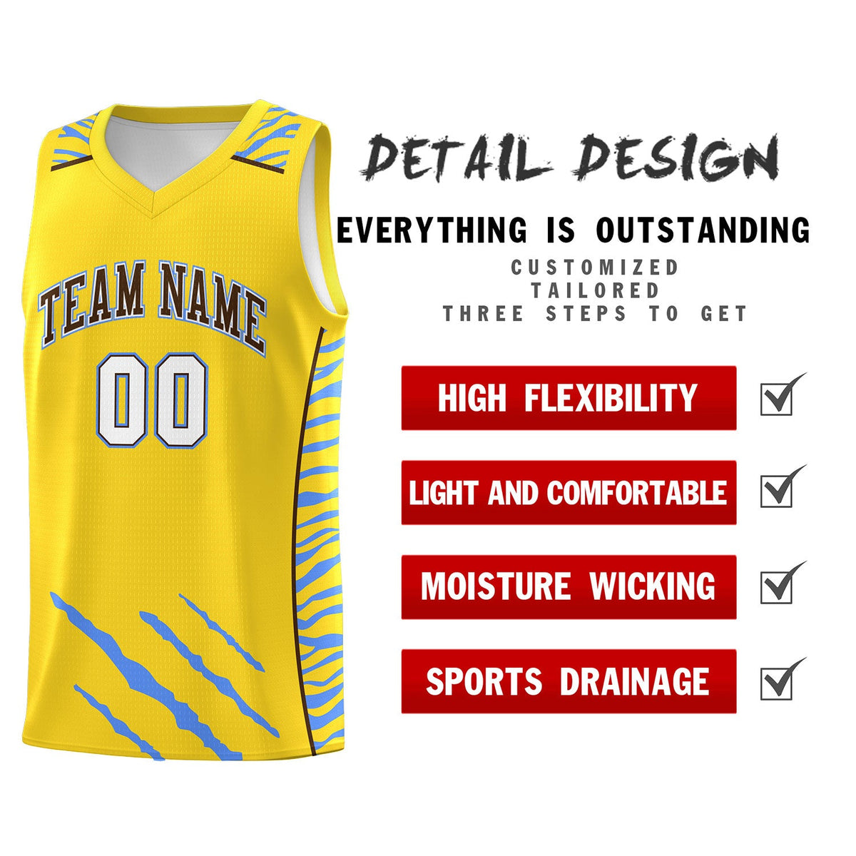 Custom Gold Personalized Tiger Claw Pattern Sports Uniform Basketball Jersey