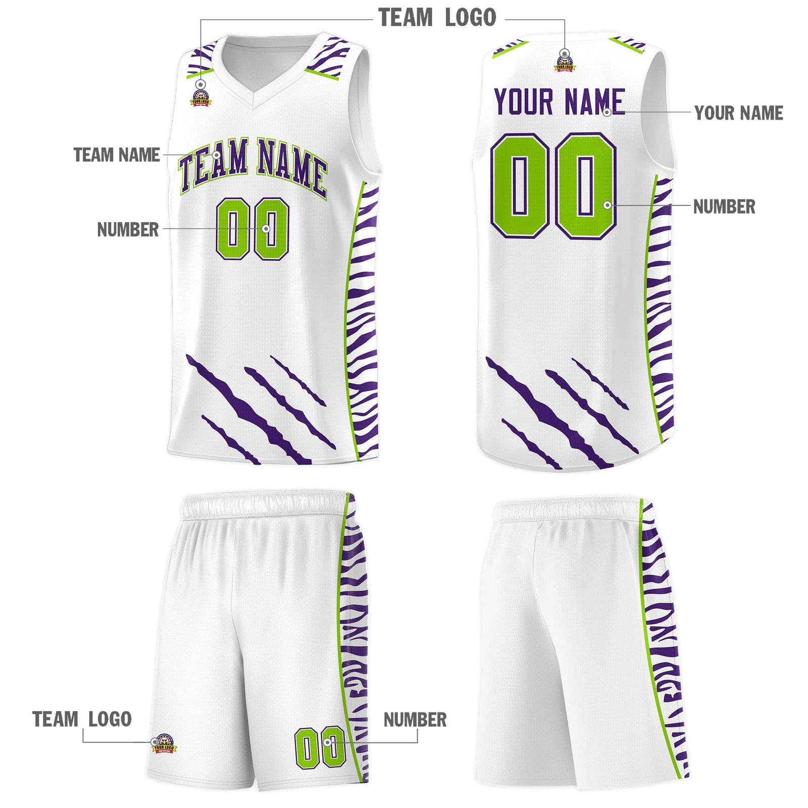 Custom White Personalized Tiger Claw Pattern Sports Uniform Basketball Jersey