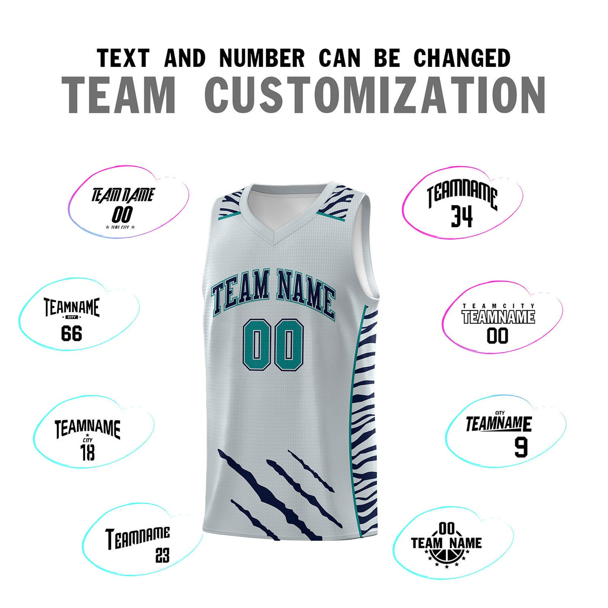 Custom Silver Personalized Tiger Claw Pattern Sports Uniform Basketball Jersey