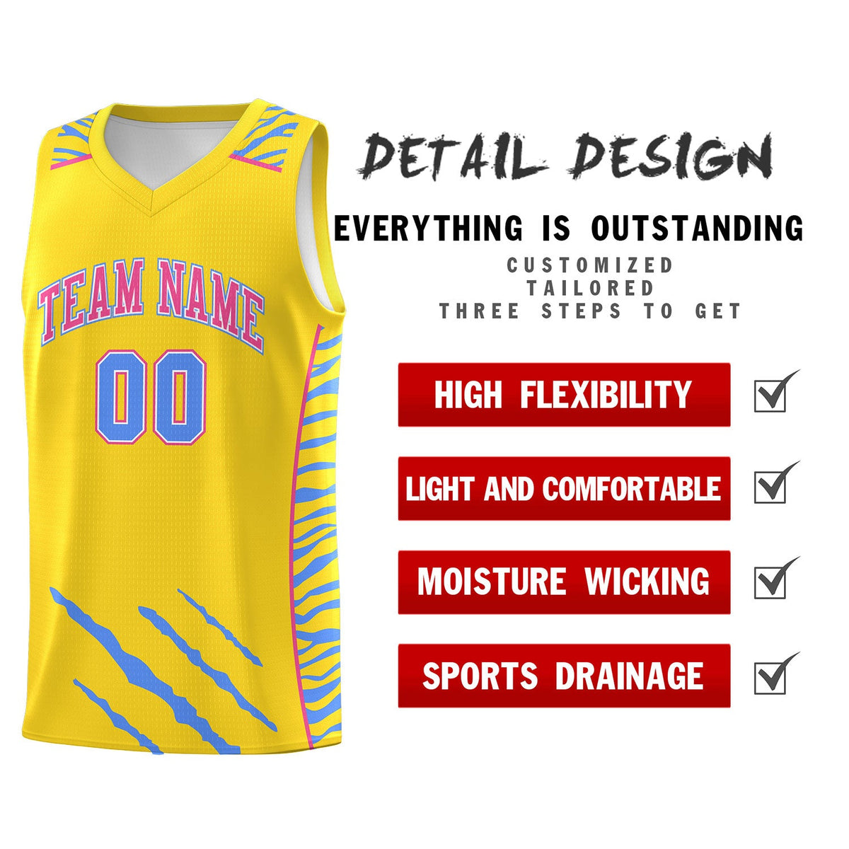 Custom Gold Personalized Tiger Claw Pattern Sports Uniform Basketball Jersey