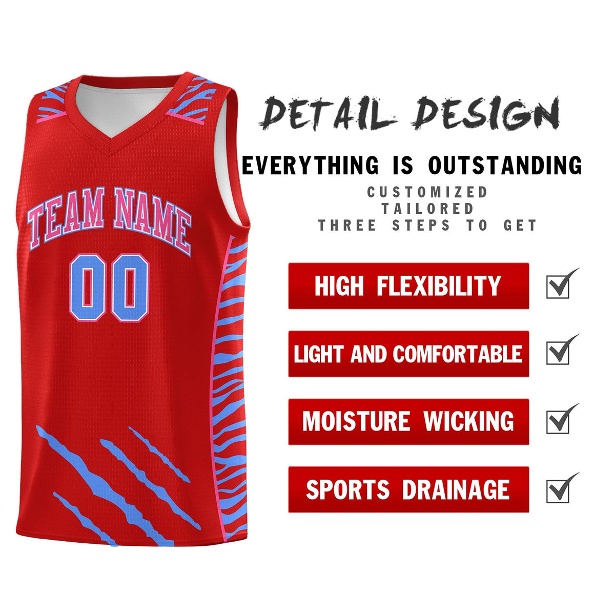 Custom Red Personalized Tiger Claw Pattern Sports Uniform Basketball Jersey