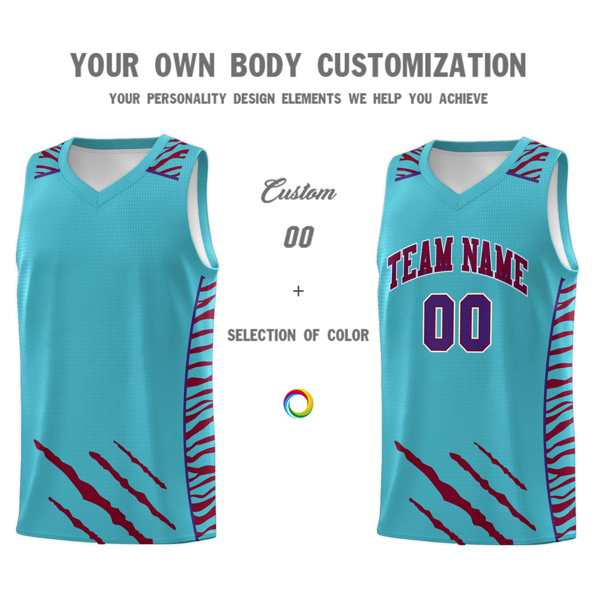 Custom Sky Blue Personalized Tiger Claw Pattern Sports Uniform Basketball Jersey