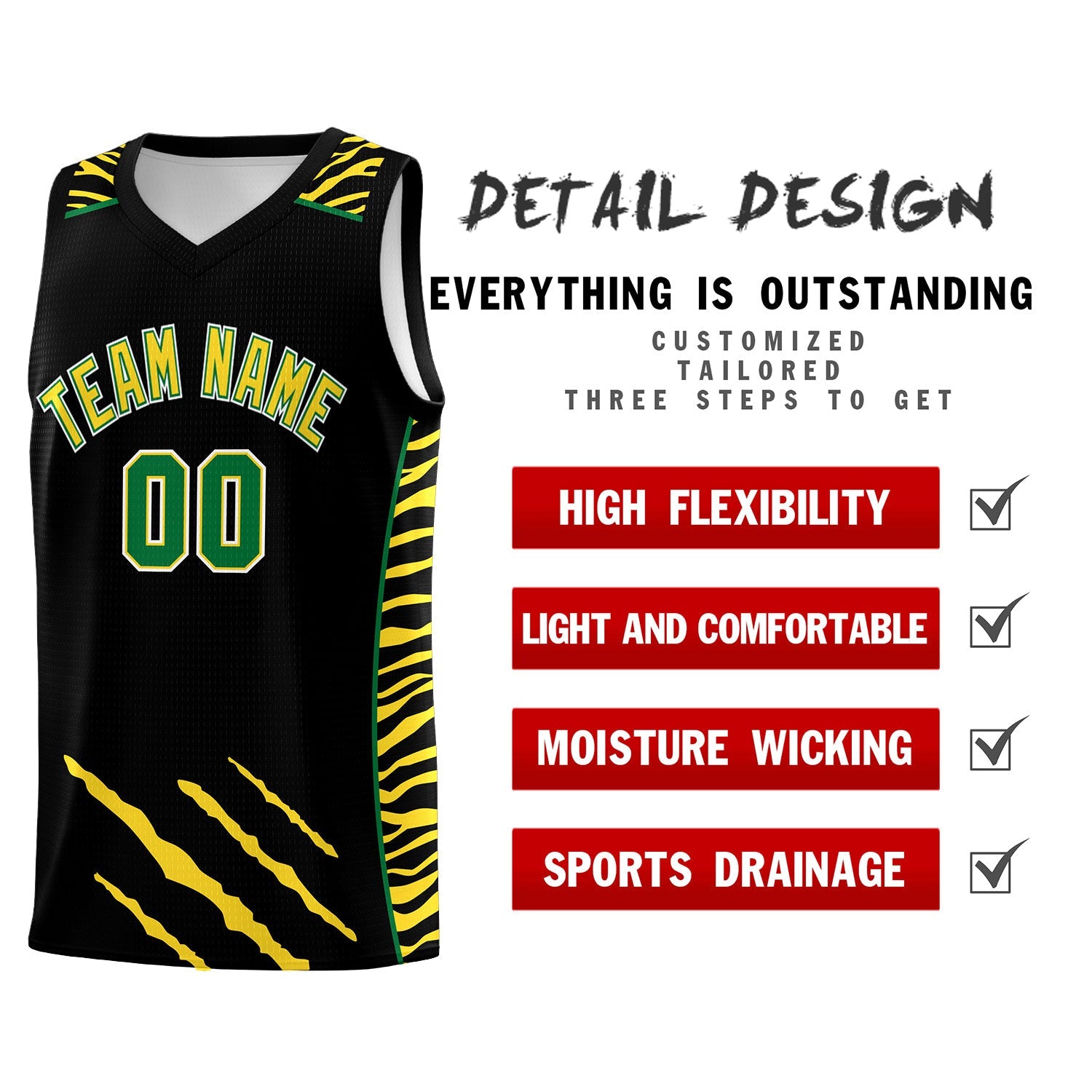Custom Black Personalized Tiger Claw Pattern Sports Uniform Basketball Jersey
