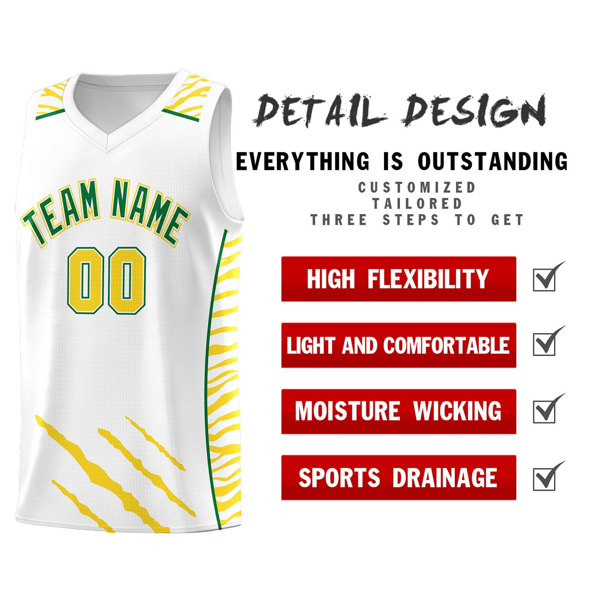 Custom White Personalized Tiger Claw Pattern Sports Uniform Basketball Jersey