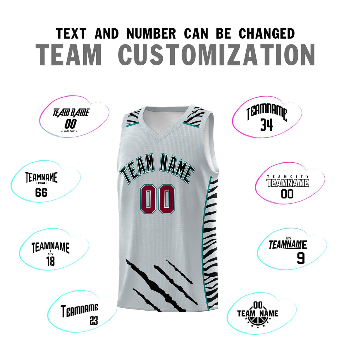Custom Silver Personalized Tiger Claw Pattern Sports Uniform Basketball Jersey