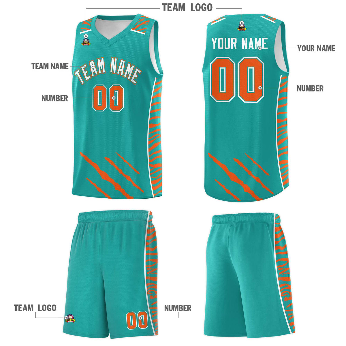 Custom Aqua Personalized Tiger Claw Pattern Sports Uniform Basketball Jersey