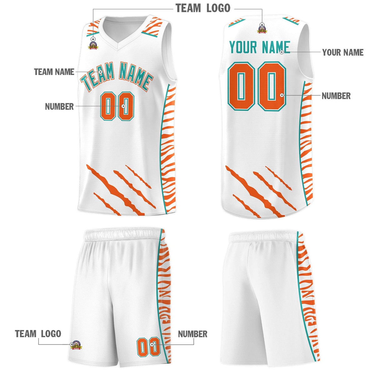Custom White Personalized Tiger Claw Pattern Sports Uniform Basketball Jersey