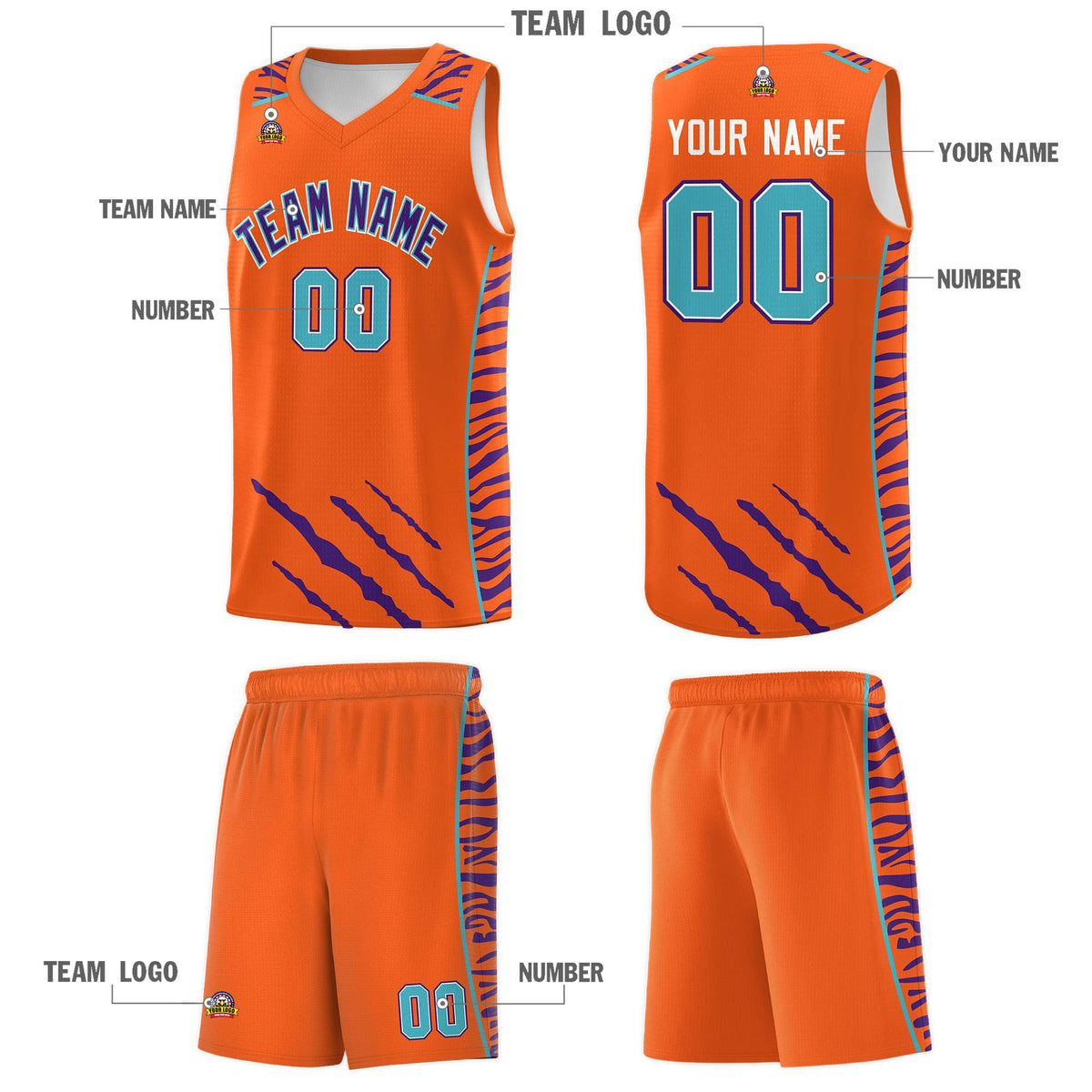 Custom Orange Personalized Tiger Claw Pattern Sports Uniform Basketball Jersey