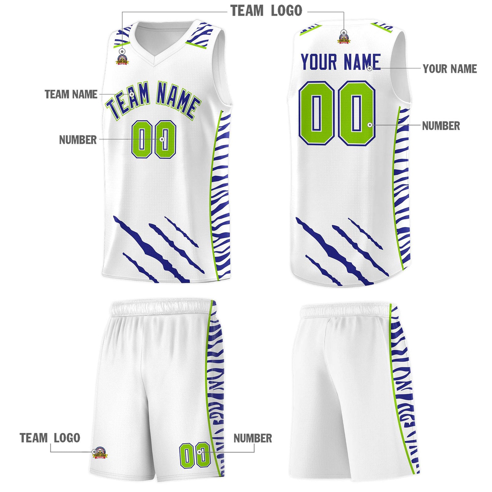Custom White Personalized Tiger Claw Pattern Sports Uniform Basketball Jersey