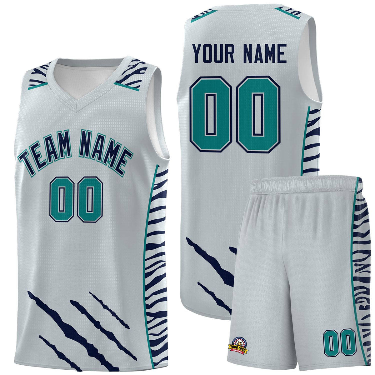 Custom Silver Personalized Tiger Claw Pattern Sports Uniform Basketball Jersey
