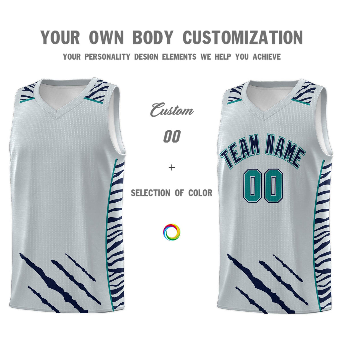 Custom Silver Personalized Tiger Claw Pattern Sports Uniform Basketball Jersey