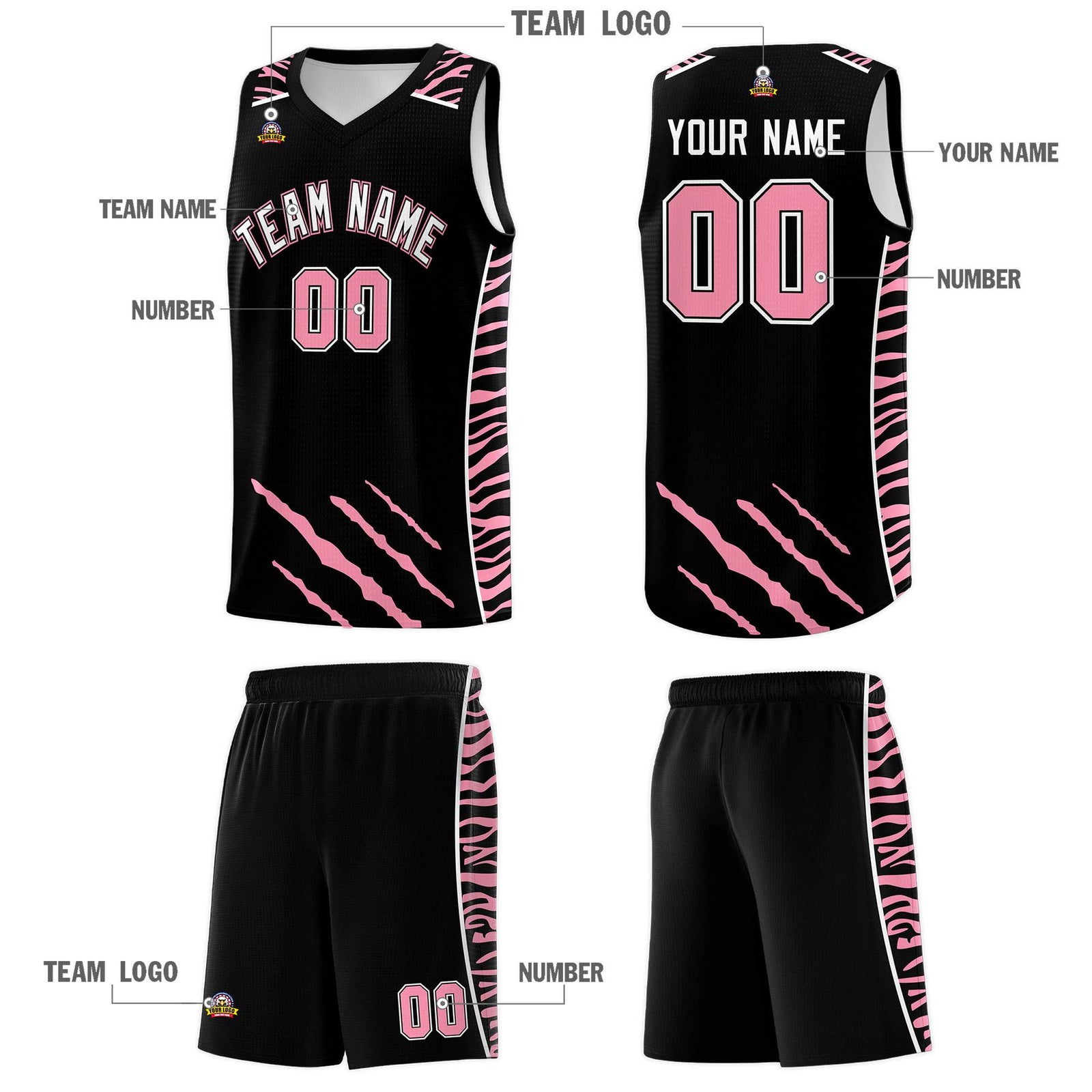 Custom Black Personalized Tiger Claw Pattern Sports Uniform Basketball Jersey