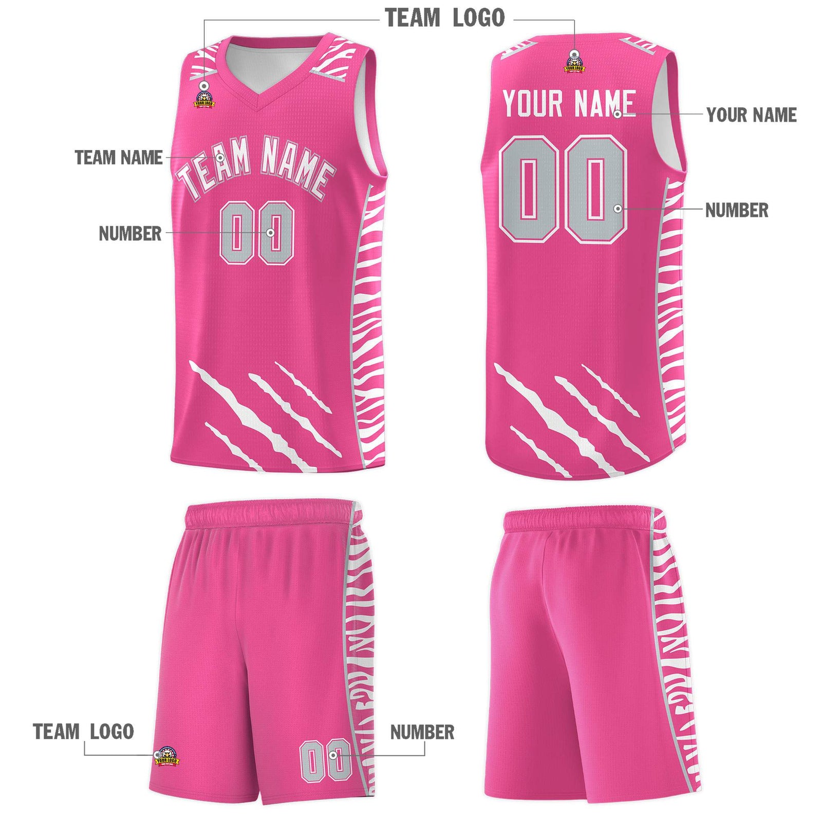 Custom Pink Personalized Tiger Claw Pattern Sports Uniform Basketball Jersey