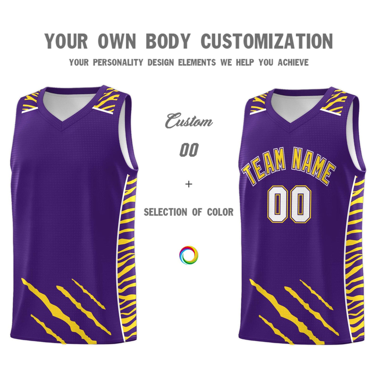 Custom Purple Personalized Tiger Claw Pattern Sports Uniform Basketball Jersey