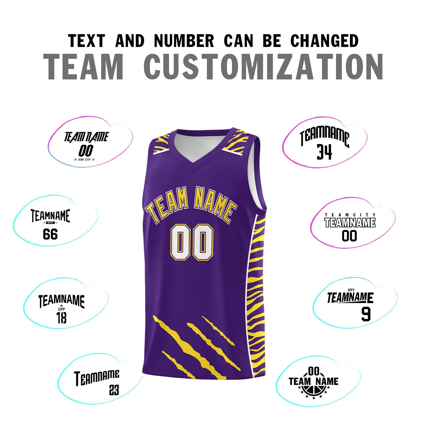 Custom Purple Personalized Tiger Claw Pattern Sports Uniform Basketball Jersey