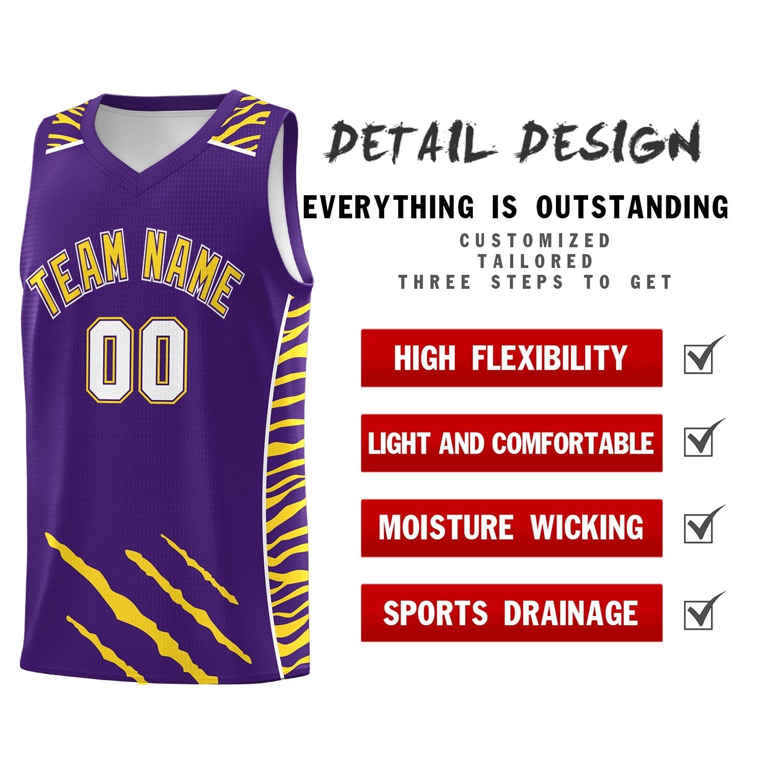 Custom Purple Personalized Tiger Claw Pattern Sports Uniform Basketball Jersey