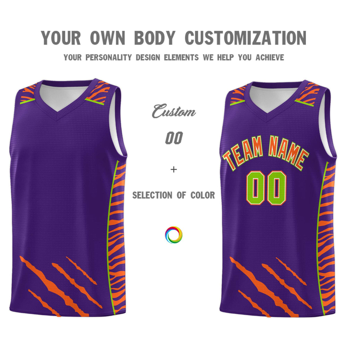 Custom Purple Personalized Tiger Claw Pattern Sports Uniform Basketball Jersey